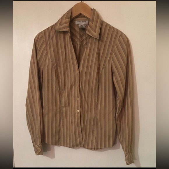 Nine West women’s blouse buttons down Vneck stretchy log sleeves stripes.6P - Picture 1 of 2